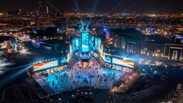Themed zone inside Boulevard Riyadh City with colourful lights and visitors
