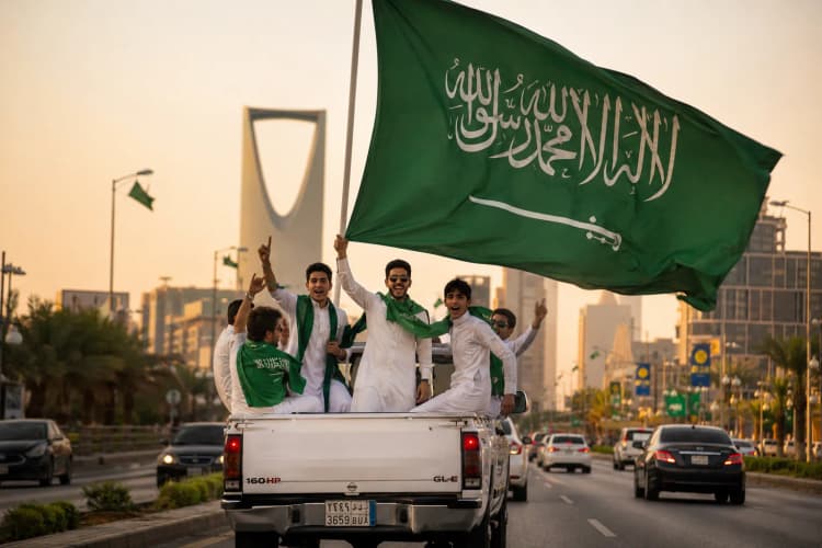 Young Saudis celebrating National Day waving the green flag from a pickup truck in Riyadh