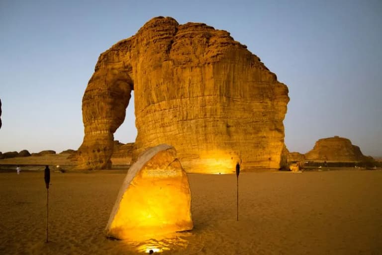Elephant Rock natural sandstone formation in AlUla at twilight