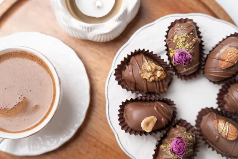 Elegant display of chocolate-covered dates with nuts and Arabic coffee
