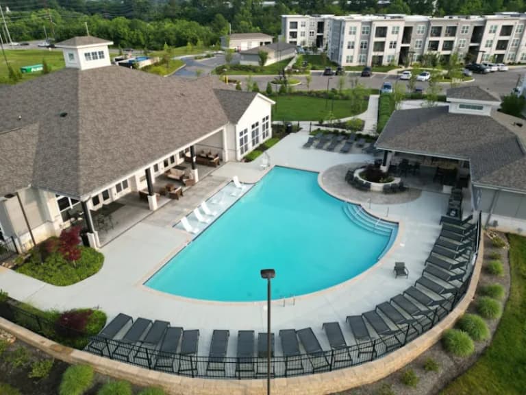 Modern apartment complex with pool