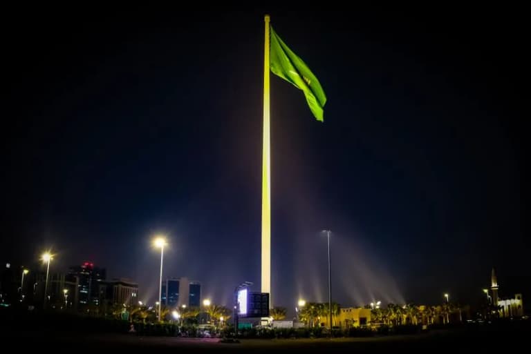 Saudi Arabian flag illuminated against the night sky with Riyadh city lights